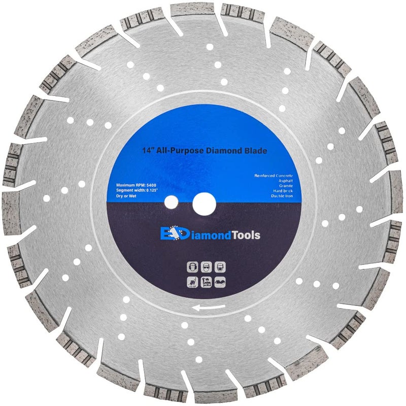 EDiamondTools 14" All Purpose Diamond Saw Blades for Hard/Reinforced Concrete, Asphalt, Granite, Terrazzo, Ductile Iron Piping, 4-5/8" Cutting Depth, 20mm Arbor - Image 1